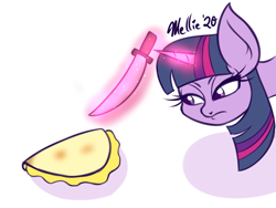 Size: 800x600 | Tagged: safe, artist:melliedraws, character:twilight sparkle, character:twilight sparkle (alicorn), species:alicorn, species:pony, newbie artist training grounds, female, food, glowing horn, horn, knife, magic, magic aura, quesadilla, solo, they're just so cheesy