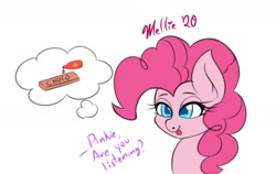 Size: 1500x950 | Tagged: safe, artist:melliedraws, character:pinkie pie, species:earth pony, species:pony, newbie artist training grounds, chocolate, dialogue, female, food, hot sauce, offscreen character, solo, thought bubble