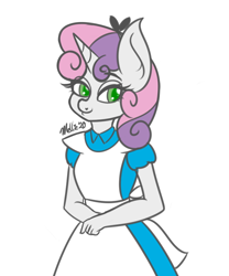 Size: 750x900 | Tagged: safe, artist:melliedraws, character:sweetie belle, species:anthro, species:pony, species:unicorn, newbie artist training grounds, alice, alice in wonderland, clothing, cosplay, costume, female, simple background, solo, white background