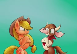 Size: 1280x904 | Tagged: safe, artist:huffy26, community related, character:applejack, character:arizona cow, species:cow, species:earth pony, species:pony, newbie artist training grounds, them's fightin' herds, atg 2020, bandana, clothing, cloven hooves, cowboy hat, crossed hooves, duo, female, gradient background, hat, mare, pony arizona cow, square crossover