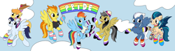 Size: 8744x2547 | Tagged: safe, artist:appleneedle, artist:icey-wicey-1517, edit, character:braeburn, character:daring do, character:indigo zap, character:night glider, character:rainbow dash, character:soarin', character:spitfire, species:bat pony, species:earth pony, species:pegasus, species:pony, ship:daringdash, ship:daringfire, ship:soarburn, asexual, asexual pride flag, bisexual pride flag, choker, clothing, cloud, collaboration, color edit, colored, cowboy hat, daringdashfire, ear piercing, earring, equestria girls ponified, eyebrow piercing, fangs, female, flying, gay, gay pride flag, gender headcanon, grin, hat, headcanon, hoodie, hoof hold, indiglider, jewelry, leg warmers, lesbian, lesbian pride flag, male, mare, mouth hold, necklace, nonbinary, nonbinary pride flag, nose piercing, open mouth, pansexual, pansexual pride flag, piercing, ponified, pride, pride flag, pride month, pride ponies, raised hoof, raised leg, sexuality headcanon, shipping, shirt, sky, smiling, socks, stallion, striped socks, sweater, t-shirt, tattoo, trans female, transgender, transgender pride flag, wall of tags, wristband