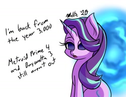Size: 1300x1000 | Tagged: safe, artist:melliedraws, character:starlight glimmer, species:pony, species:unicorn, newbie artist training grounds, dialogue, female, gamer bait, solo, time travel, video game