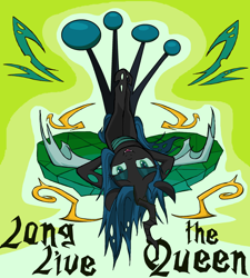 Size: 2300x2552 | Tagged: safe, artist:sallycars, character:queen chrysalis, species:changeling, g4, changeling queen, crown, digital art, female, green heart, hooves behind head, jewelry, legitimately amazing mspaint, legs in air, ms paint, on back, regalia, solo, spread wings, text, upside down, wings