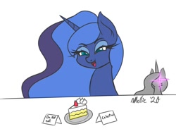 Size: 1100x850 | Tagged: safe, artist:melliedraws, character:princess celestia, character:princess luna, species:alicorn, species:pony, newbie artist training grounds, cake, cakelestia, food, glowing eyes, grin, long eyelashes, open mouth, smiling, this will end in tears and/or a journey to the moon