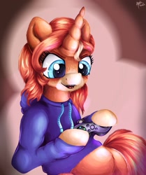 Size: 1280x1530 | Tagged: safe, artist:appleneedle, oc, oc only, oc:rettie, species:pony, species:unicorn, clothing, controller, gamer, hoodie, joystick, lineless, paint, painting, sitting, video game