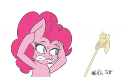 Size: 1600x1000 | Tagged: safe, artist:melliedraws, character:pinkie pie, species:earth pony, species:pony, female, ghost, mare, scared, scepter, simple background, solo, sweat, twilight scepter, undead, white background