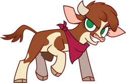 Size: 1576x1042 | Tagged: safe, artist:mane6, community related, character:arizona cow, species:cow, them's fightin' herds, g4, action pose, arizonadorable, bandana, cloven hooves, cute, female, green eyes, grin, handkerchief, horns, no pupils, simple background, smiling, solo, teeth, transparent background, vector