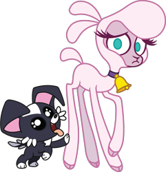 Size: 1173x1218 | Tagged: safe, artist:mane6, community related, character:pom lamb, species:dog, species:sheep, them's fightin' herds, bell, bell collar, blue eyes, cloven hooves, collar, cute, duo, female, frown, green eyes, lamb, looking at you, nervous, no pupils, puppy, raised hoof, simple background, solo, transparent background, vector
