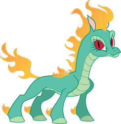 Size: 1587x1618 | Tagged: safe, artist:mane6, community related, character:tianhuo, species:dragon, species:longma, them's fightin' herds, female, fire, hybrid, mane of fire, simple background, slit eyes, slit pupils, smiling, solo, tail of fire, transparent background, vector