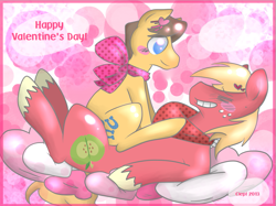 Size: 1001x750 | Tagged: safe, artist:cleppyclep, character:big mcintosh, character:caramel, species:earth pony, species:pony, ship:caramac, episode:hearts and hooves day, g4, my little pony: friendship is magic, blushing, bow, cuddling, cute, gay, heart, male, shipping, stallion, valentine's day