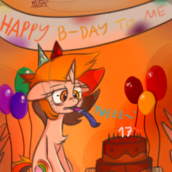 Size: 3500x3500 | Tagged: safe, artist:mjsw, oc, oc only, oc:majuvelliy, species:pony, species:unicorn, balloon, birthday, cake, clothing, female, food, hat, heterochromia, mare, party hat, party horn, solo