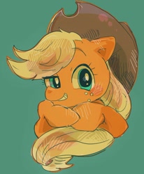 Size: 1432x1735 | Tagged: safe, artist:osawari64, character:applejack, species:earth pony, species:pony, bust, clothing, cowboy hat, cute, female, green background, hat, jackabetes, mare, simple background, smiling, solo