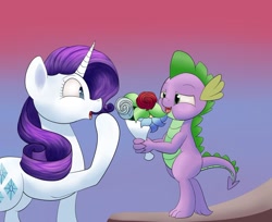 Size: 1280x1045 | Tagged: safe, artist:huffy26, character:rarity, character:spike, species:pony, newbie artist training grounds, ship:sparity, atg 2020, bouquet, female, flower, male, shipping, straight