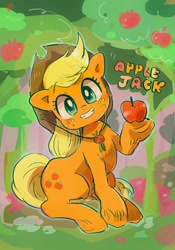 Size: 1436x2048 | Tagged: safe, artist:osawari64, character:applejack, species:earth pony, species:pony, apple, apple tree, cute, female, jackabetes, looking at you, mare, sitting, smiling, solo, tree