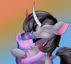 Size: 1280x1152 | Tagged: safe, artist:huffy26, character:oleander, character:twilight sparkle, species:classical unicorn, species:pony, species:unicorn, newbie artist training grounds, them's fightin' herds, atg 2020, cloven hooves, eyes closed, hug, leonine tail, one eye closed, open mouth, smiling, square crossover, tongue out, unshorn fetlocks
