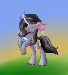 Size: 1280x1400 | Tagged: safe, artist:huffy26, character:oleander, species:classical unicorn, species:pony, species:unicorn, newbie artist training grounds, them's fightin' herds, atg 2020, clothing, cloven hooves, female, graduation cap, hat, leonine tail, one eye closed, solo, stone, unshorn fetlocks, wink