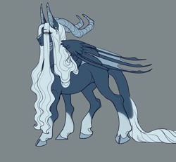 Size: 1083x1000 | Tagged: safe, artist:snowberry, oc, oc only, oc:nightingale(snowberry), species:bat pony, species:pony, bat wings, cloven hooves, ear piercing, earring, female, horns, jewelry, leonine tail, long hair, mare, original species, piercing, simple background, socks (coat marking), wings