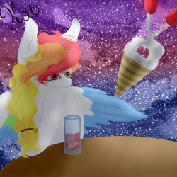 Size: 1080x1080 | Tagged: safe, alternate version, artist:nel_liddell, oc, oc only, species:pegasus, species:pony, cup, drink, ice cream cone, multicolored hair, night, outdoors, pegasus oc, rainbow hair, signature, solo, space, stars, table, two toned wings, wings