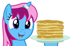 Size: 2348x1500 | Tagged: safe, artist:ponyrailartist, oc, oc only, oc:parcly taxel, species:alicorn, species:pony, alicorn oc, female, food, horn, mare, pancakes, simple background, smiling, solo, transparent background, wings