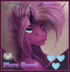 Size: 1249x1281 | Tagged: safe, artist:flareheartmz, oc, oc:flareheart, species:pony, species:unicorn, bust, cutie mark, frame, horn, looking at you, portrait, solo, text