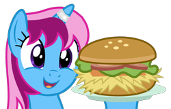 Size: 2348x1500 | Tagged: safe, alternate version, artist:ponyrailartist, oc, oc only, oc:parcly taxel, species:alicorn, species:pony, alicorn oc, borgarposting, burger, female, food, horn, mare, simple background, smiling, solo, transparent background, wings