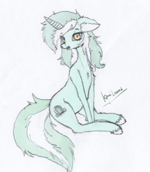 Size: 854x973 | Tagged: safe, artist:kamikazelenna, character:lyra heartstrings, species:pony, species:unicorn, cute, female, looking at you, mare, simple background, sitting, solo, traditional art, white background