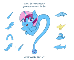Size: 2938x2391 | Tagged: safe, artist:eyeburn, oc, oc only, oc:parcly taxel, species:alicorn, species:pony, albumin flask, alicorn oc, bat wings, bottle, crossed hooves, female, floating, genie, genie pony, horn, horn ring, looking at you, magic lamp, mare, ring, shark, simple background, smiling, snake, solo, white background, wings