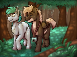 Size: 1366x1024 | Tagged: safe, artist:sursiq, oc, oc only, oc:moose tracks, species:earth pony, species:pegasus, species:pony, blue, brown, camera, closed mouth, commission, cute, dappled sunlight, eyes closed, full body, oc x oc, open mouth, scenery, shipping, walking, wholesome, yellow eyes