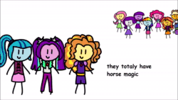 Size: 1280x720 | Tagged: safe, artist:round trip, character:adagio dazzle, character:applejack, character:aria blaze, character:fluttershy, character:pinkie pie, character:rainbow dash, character:rarity, character:sonata dusk, character:sunset shimmer, character:twilight sparkle, character:twilight sparkle (eqg), species:eqg human, episode:shake your tail, equestria girls:rainbow rocks, g4, my little pony: equestria girls, my little pony:equestria girls, animated, female, humane five, humane seven, humane six, in a nutshell, simple background, sound, stick figure, the dazzlings, webm, white background