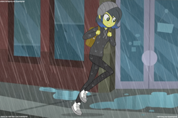Size: 7635x5062 | Tagged: safe, artist:gamerpen, oc, oc:pauly sentry, my little pony:equestria girls, absurd resolution, backpack, building, canterlot city, clothing, female, hoodie, pants, puddle, rain, running, shoes, solo