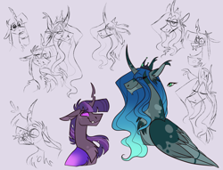 Size: 1440x1100 | Tagged: safe, artist:rockin_candies, character:queen chrysalis, character:twilight sparkle, species:alicorn, species:changeling, species:pony, ship:twisalis, changelingified, female, lesbian, ponified, purple changeling, role reversal, shipping, species swap