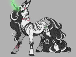 Size: 1333x1000 | Tagged: safe, artist:snowberry, oc, oc only, oc:evergreen enchant, species:pony, species:zebra, femboy, girly, jewelry, long hair, looking at you, magic, male, nudity, pose, sheath, simple background, stallion, zebra femboy, zebra oc, zebracorn