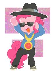 Size: 900x1200 | Tagged: safe, artist:ch-chau, character:pinkie pie, species:earth pony, species:pony, episode:testing testing 1-2-3, g4, my little pony: friendship is magic, abstract background, bipedal, clothing, female, hat, mare, open mouth, rapper pie, solo, sunglasses