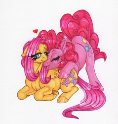 Size: 1224x1280 | Tagged: safe, artist:champ, character:fluttershy, character:pinkie pie, species:earth pony, species:pegasus, species:pony, ship:flutterpie, eyes closed, female, frog (hoof), heart, hug, lesbian, looking down, mare, open mouth, prone, shipping, simple background, smiling, traditional art, underhoof, white background