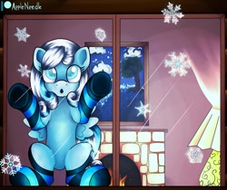 Size: 1280x1075 | Tagged: safe, artist:appleneedle, patreon reward, oc, oc only, oc:snowdrop, species:pegasus, species:pony, clothing, cottage, cute, female, filly, fireplace, lamp, looking up, patreon, snow, snowflake, socks, solo, striped socks, window