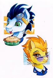 Size: 1024x1507 | Tagged: safe, artist:lailyren, character:soarin', character:spitfire, species:pegasus, species:pony, blep, bust, clothing, duo, female, food, goggles, male, mare, pie, portrait, stallion, sunglasses, that pony sure does love pies, tongue out, uniform, wonderbolts, wonderbolts dress uniform