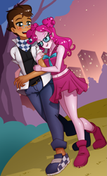 Size: 1259x2066 | Tagged: safe, artist:chacrawarrior, commissioner:imperfectxiii, character:pinkie pie, oc, oc:copper plume, my little pony:equestria girls, belly button, belt, blushing, bow, canon x oc, clothing, commission, copperpie, date, female, freckles, glasses, grass, holding arm, jacket, jeans, lidded eyes, male, midriff, neckerchief, open mouth, pants, park, shipping, shirt, shoes, skirt, sky, skyscraper, smiling, sneakers, straight, sunglasses, tree, walking