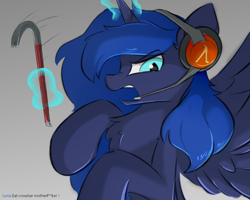 Size: 1000x800 | Tagged: safe, artist:d.w.h.cn, character:princess luna, species:alicorn, species:pony, gamer luna, angry, chest fluff, crowbar, ear fluff, female, frown, glare, gray background, half-life, headphones, headset, leg fluff, levitation, looking at you, magic, mare, microphone, nightmare luna, nose wrinkle, open mouth, rearing, simple background, slit eyes, solo, spread wings, telekinesis, wings