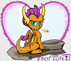 Size: 1416x1210 | Tagged: safe, artist:sallycars, character:smolder, species:dragon, blatant lies, blushing, cute, denial's not just a river in egypt, dragoness, dragonfire, female, fire, fire breath, heart, i'm not cute, looking at you, rock, sitting, smolderbetes, smoldere, solo, tsundere