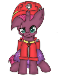 Size: 1080x1440 | Tagged: safe, artist:starflashing twinkle, character:fizzlepop berrytwist, character:tempest shadow, species:pony, species:unicorn, series:sprglitemplight diary, series:sprglitemplight life jacket days, series:springshadowdrops diary, series:springshadowdrops life jacket days, g4, broken horn, clothing, dress, eye scar, female, hat, horn, looking at you, mare, marshall (paw patrol), paw patrol, scar, simple background, sitting, solo, white background