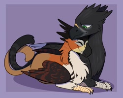 Size: 1251x996 | Tagged: safe, artist:rockin_candies, oc, oc only, species:griffon, duo, eyes closed, griffon oc, lying down, nuzzling, prehensile tail, shipping, simple background, snuggling, tail hold, wings