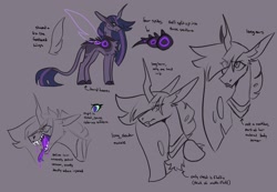 Size: 1395x967 | Tagged: safe, artist:rockin_candies, oc, oc only, oc:nightshade, parent:queen chrysalis, parent:twilight sparkle, parents:twisalis, carapace, drool, fangs, female, forked tongue, horn, hybrid, leonine tail, next generation, open mouth, reference sheet, sketch, solo, teeth, tongue out, wings