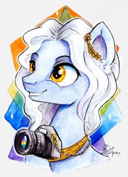 Size: 1024x1420 | Tagged: safe, artist:lailyren, oc, oc only, oc:proskenion, species:crystal pony, species:pony, actor, bust, camera, fanfic art, male, portrait, smiling, solo, stallion, traditional art, watercolor painting, yay