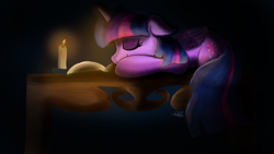 Size: 2048x1152 | Tagged: safe, artist:sadtrooper, character:twilight sparkle, character:twilight sparkle (alicorn), species:alicorn, species:pony, g4, book, candle, eyes closed, female, floppy ears, folded wings, mare, prone, sleeping, smiling, solo, wings
