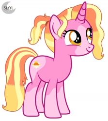 Size: 1280x1436 | Tagged: safe, artist:princesslunayay, base used, character:luster dawn, species:pony, species:unicorn, g4, coat markings, colored ears, colored muzzle, cute, female, happy, logo, lusterbetes, mare, redesign, simple background, smiling, socks (coat marking), solo, white background