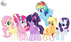 Size: 1920x1130 | Tagged: safe, artist:princesslunayay, base used, character:applejack, character:fluttershy, character:pinkie pie, character:rainbow dash, character:rarity, character:twilight sparkle, character:twilight sparkle (alicorn), species:alicorn, species:earth pony, species:pegasus, species:pony, species:unicorn, g4, alternate design, alternate hairstyle, coat markings, colored muzzle, colored wings, female, flower, flower in hair, freckles, happy, logo, mane six, mare, redesign, smiling, socks (coat marking), wings