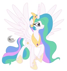 Size: 1280x1356 | Tagged: safe, artist:princesslunayay, character:princess celestia, species:alicorn, species:pony, g4, colored lineart, crown, female, hoof shoes, jewelry, logo, mare, necklace, raised hoof, raised leg, regalia, solo, spread wings, wings