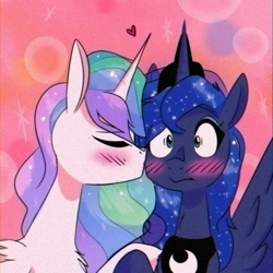 Size: 1200x1200 | Tagged: safe, artist:provolonepone, character:princess celestia, character:princess luna, species:alicorn, species:pony, ship:princest, g4, crown, female, incest, jewelry, kiss on the cheek, kissing, lesbian, regalia, shipping