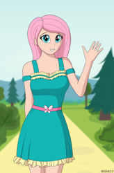 Size: 3274x5000 | Tagged: safe, artist:irisarco, character:fluttershy, species:human, g4, clothing, dress, female, grass, humanized, kotobukiya fluttershy, looking at you, outdoors, path, smiling, solo, standing, tree, waving