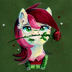 Size: 1024x1024 | Tagged: safe, artist:lailyren, character:roseluck, species:earth pony, species:pony, g4, bust, clothing, female, flower, flower in mouth, gouache, green background, heart, heart eyes, looking at you, mare, mouth hold, painting, portrait, rose, rose in mouth, signature, simple background, smiling, solo, traditional art, wingding eyes